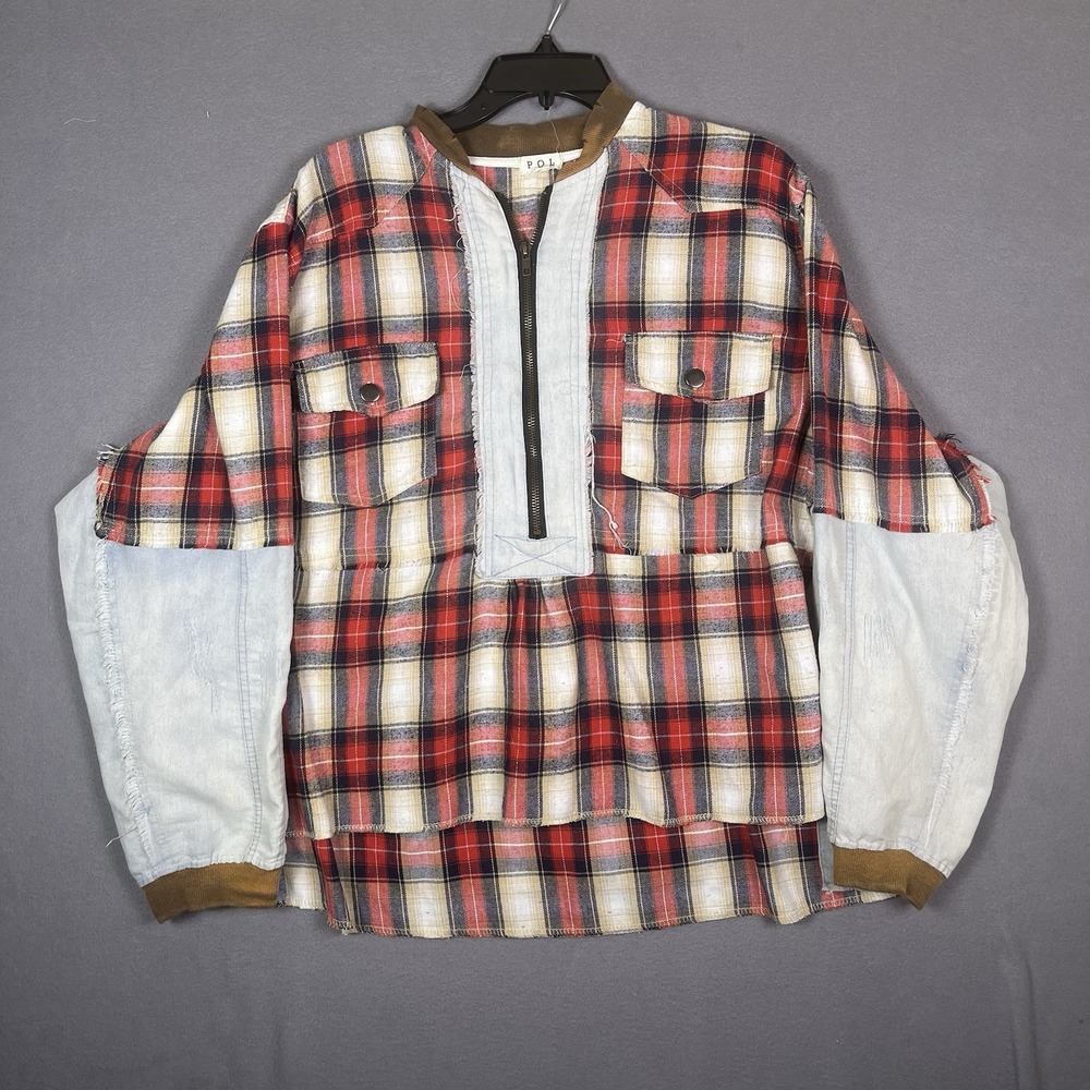 POL Women's Oversized Flannel Patchwork Denim Top Multicolor Small Boho